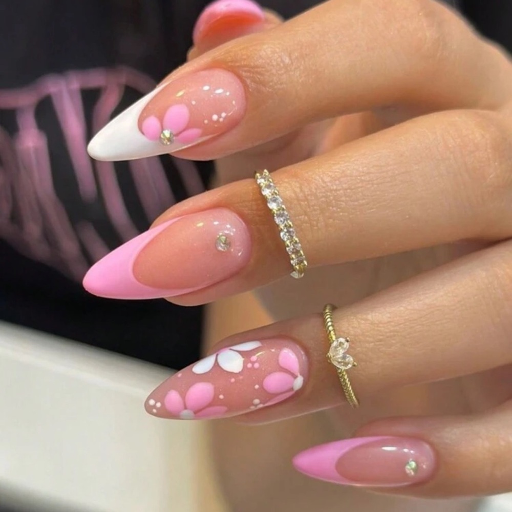 24pcs/Set Almond Shaped Long Fake Nails, Featuring Multicolor Floral Patterns
